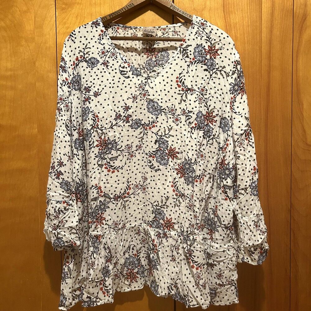 Como Vintage White Peplum‎ Blouse-3X-Vneck-Polka dot / Floral-Boho-Cottagecore